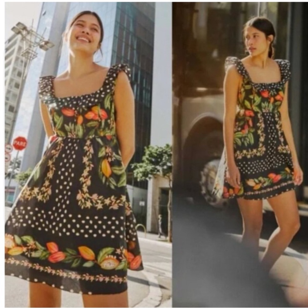 Farm Rio Cocoa Paradise Square Neck Mini Dress Floral Tropical Sz Small